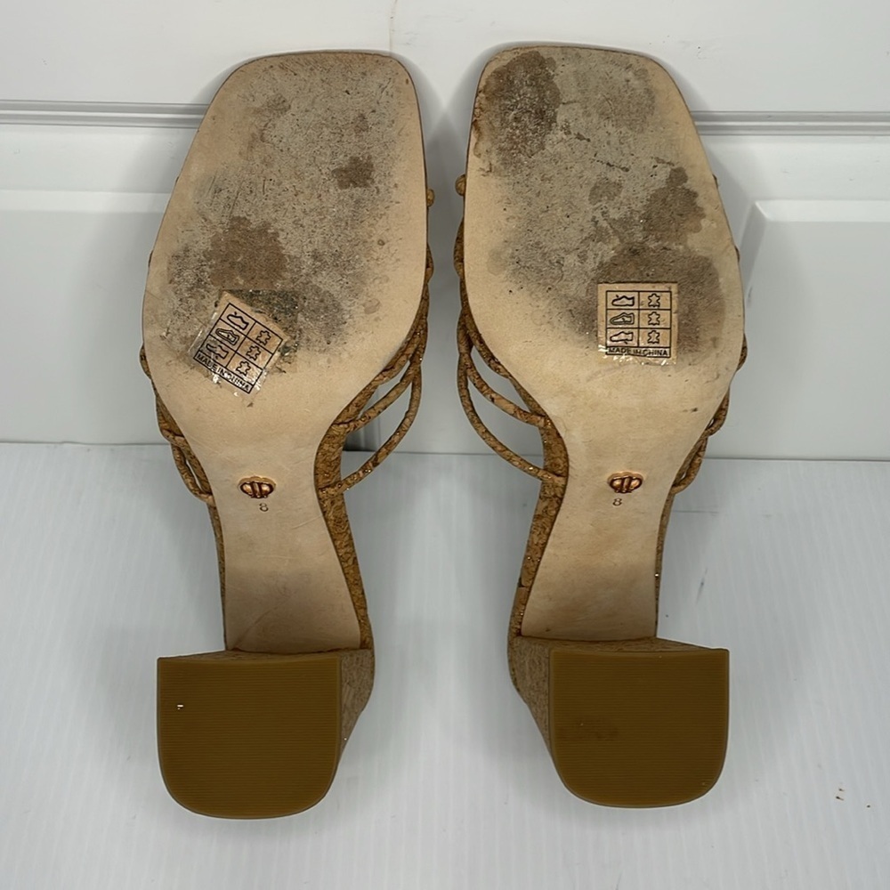 Paige Becca Block Heel Sandal Size 8 Tan Knot Strap Upper Gold Specs - Picture 12 of 14